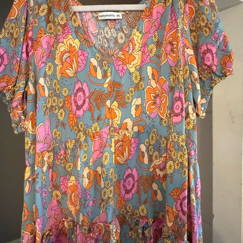Rusttydustty Teal Floral V-Neck Women's Dress